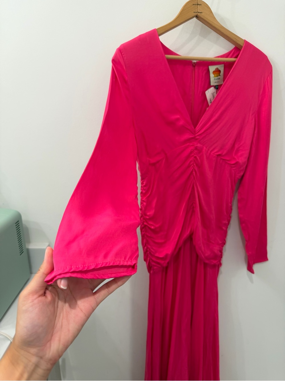 NWT FARM RIO Pink Long Sleeve Ruched Waist Midi Dress - Picture 9 of 10
